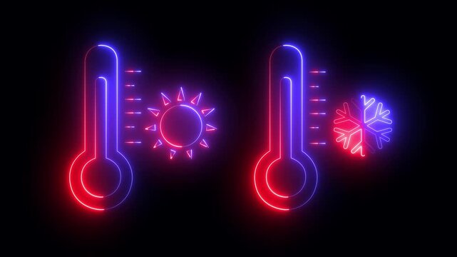 glowing neon hot and cold thermometer icon isolated on black background. Hot Sun and Cold Snowflake Symbols. representing hot and cold temperature conditions for universal climate. 4k video animation.