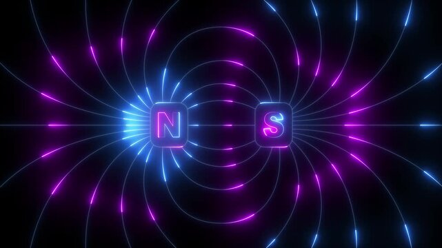glowing neon magnetic field lines icon isolated on black background. Magnetic flux pattern around north and south poles. electromagnet physics education of science. psychic force or magnet attraction.