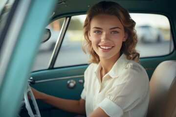 Fototapeta premium Young woman smiling at the camera while driving a vintage teal classic car, radiating joy, freedom and nostalgic summer adventure on the open road