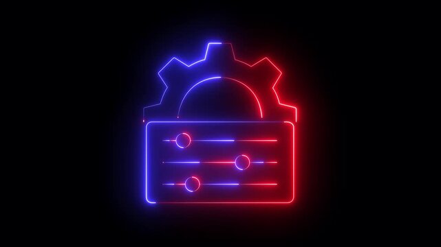 glowing neon Configuration and customization icon isolated on black background. Gear with sliders representing control panel sliders, technical settings control, adjustment, dashboard interface symbol