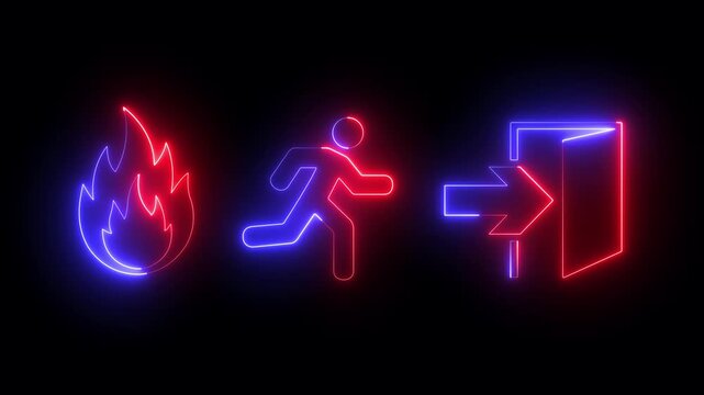 glowing Neon Emergency Exit Sign icon isolated on black background. Fire emergency exit sign with flame, running person doorway symbol, bold EXIT text, safety arrow direction, evacuation guidance.