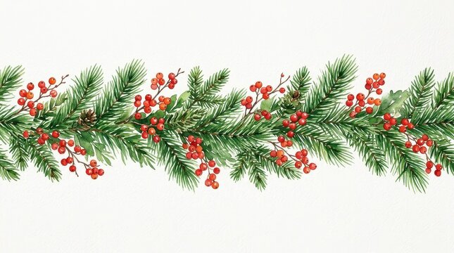 Watercolor Christmas Garland Border with Evergreen Pine Branches and Red Berries on White Background for Holiday Design