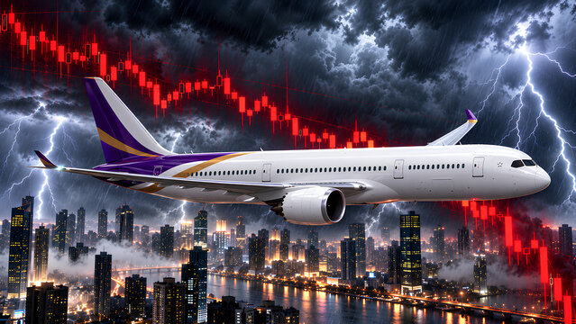 A passenger jet flies through a storm as red market charts signal financial decline.