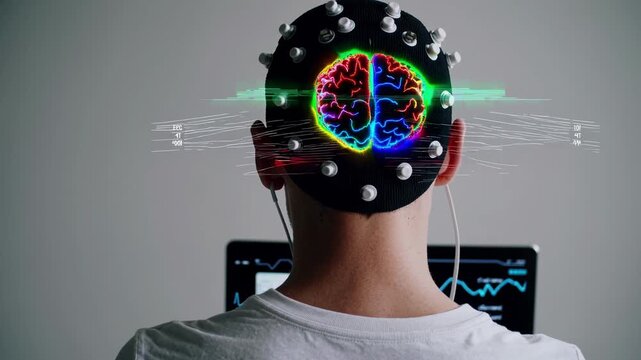 Scientist analyzes neural activity as man sits motionless wearing sensor headset. Glowing colorful brain animation illuminates back of subject head before medical data monitor in quiet room.