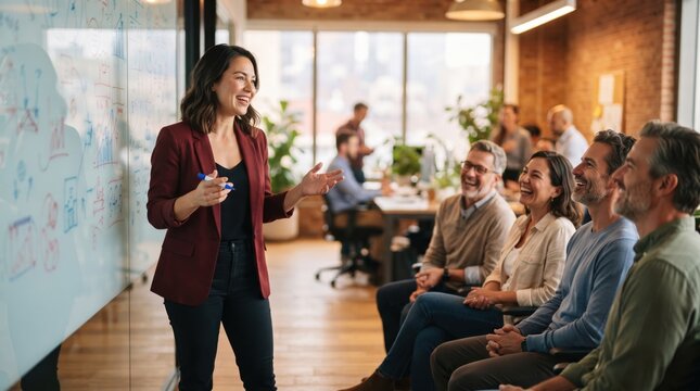 Businesswoman presenting creative ideas to diverse adult team during cheerful office meeting with whiteboard, collaboration, and attentive discussion in modern workspace