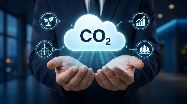 Corporate sustainability strategy with hands holding digital cloud displaying carbon emission reduction and renewable energy icons