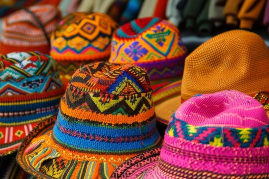 Vibrant handmade andean hats showcasing intricate patterns and bright colors, offered for sale in a bustling marketplace