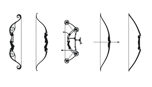 Silhouette collection of different types of archery bows including recurve, compound, and traditional longbows.