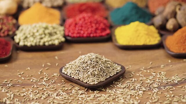 cumin seeds of the dried plant cuminum cyminum in a square bowl on a wooden table, surrounded by various spices and herbs.