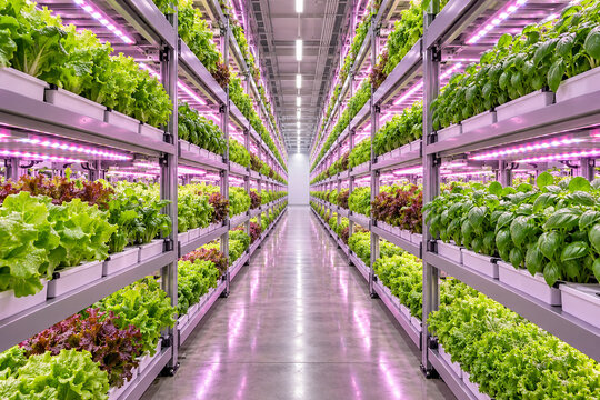 Indoor Vertical Farm With Hydroponic Lettuce Under LED Grow Lights