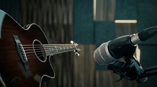 Professional acoustic guitar and dynamic microphone in a modern music recording studio environment with acoustic foam wall panels for high-quality audio production and podcasting sessions
