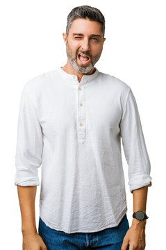 Man caucasian gray hair beard casual clothes wink winking happy face looking cheerful camera sexy expression studio portrait - handsome midlife man winking playfully with a joyful smile