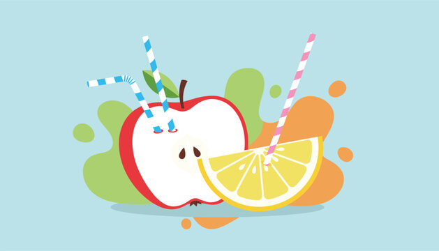 Fresh red apple and lemon slice with colorful striped drinking straws representing healthy organic fruit juice.