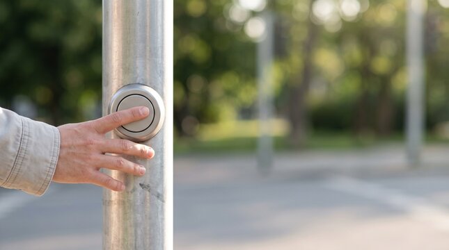 Hand Pressing Pedestrian Crossing Button on Metal Pole at City Street Intersection with Blurred Green Park Background, Urban Road Safety Concept