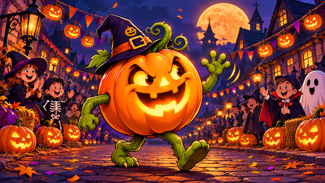 Citrouille d'Halloween en chapeau de sorci&egrave;re au d&eacute;fil&eacute; d'enfants