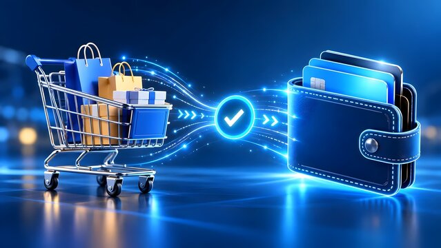 Secure online shopping transaction concept with digital wallet connecting to supermarket cart full of retail purchases