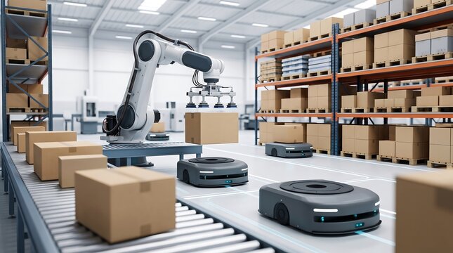 Smart warehouse environment with robotic arm on conveyor belt and autonomous mobile robots moving inventory between storage aisles for efficient logistics and modern supply chain automation solutions