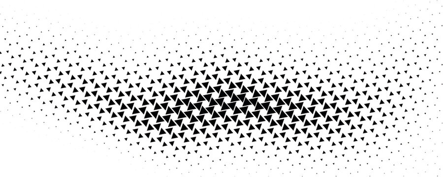 Fading triangle halftone texture gradient pattern. Abstract diagonal geometric background. Tech mosaic triangular halfton gradation. Vector vanishing corner arrow wallpaper for banner, booklet, poster