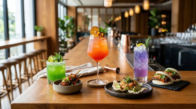 Colorful cocktails and gourmet appetizers served on a wooden bar counter in a modern restaurant