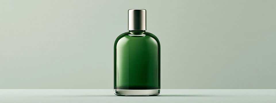 Minimalist green glass bottle for perfume or cosmetic product mockup