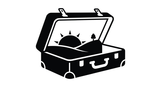 Open suitcase silhouette reveals a landscape with sun mountains and playing cards
