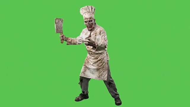 Halloween zombie chef holding a meat cleaver on green screen