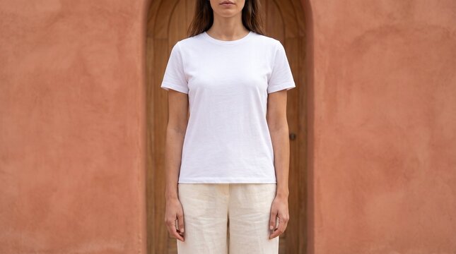 Woman wearing blank white t-shirt mockup front view in front of terracotta arched doorway, cropped without face with smooth chest print area
