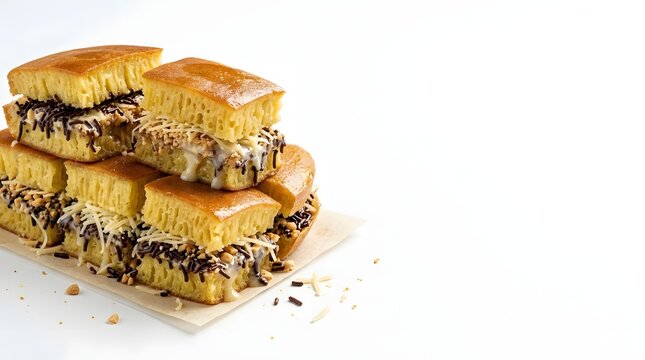 Stacked Indonesian martabak manis sweet pancake slices with chocolate sprinkles, cheese, peanuts and condensed milk.