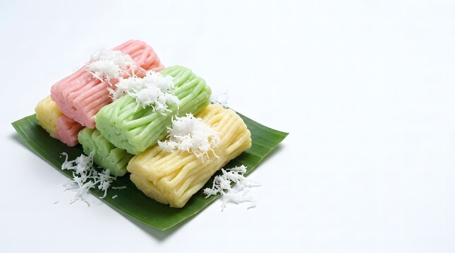 Colorful pink, green and yellow gethuk lindri cassava cakes with grated coconut on a banana leaf.