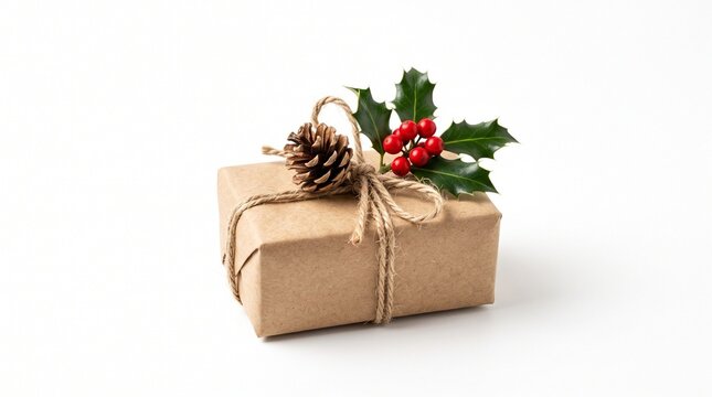 Rustic kraft parcel tied with twine decorated with pinecone and holly berries, wrapped gift delivery on white background