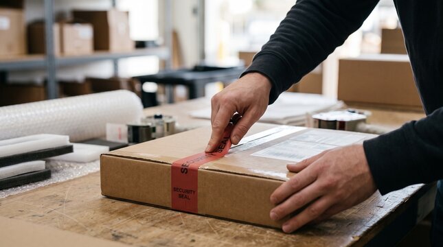 Employee sealing a box with security tape for shipping