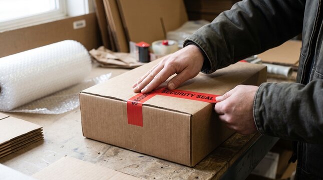 Worker applying security tape to a package for safe shipping
