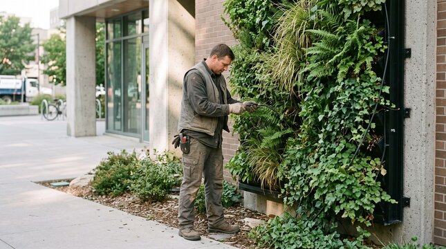 Gardener carefully tending to a lush green living wall outdoors