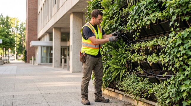 Gardener tending to a lush green vertical garden on a building exterior