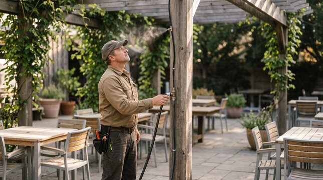 Groundskeeper inspecting misting system on a wooden pergola