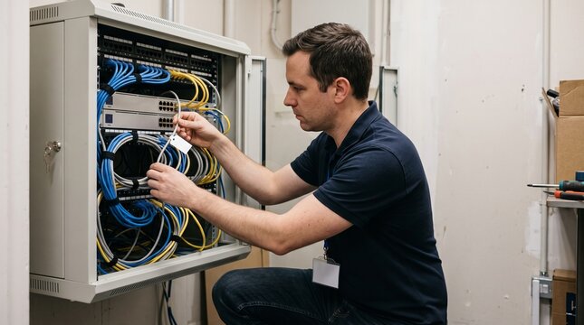Technician organizing network cables in a server rack