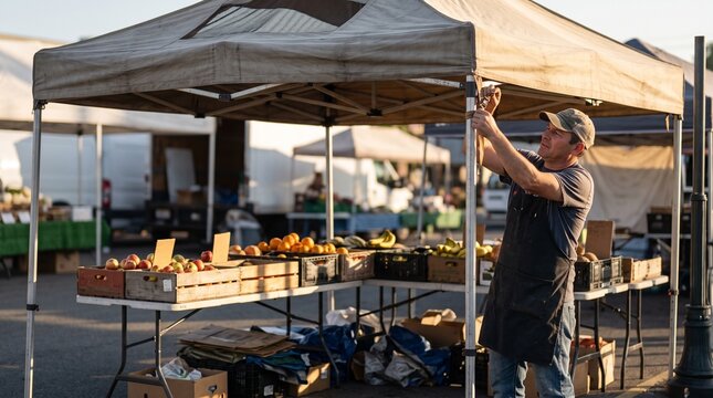 Market vendor secures a pop-up canopy frame at a fruit stand