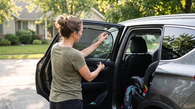 Parent fitting a sunshade onto a car window for child protection