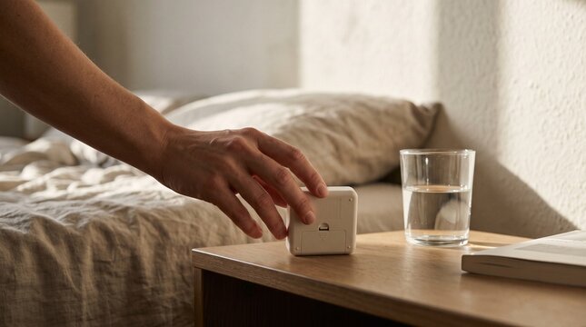 Resident placing a digital thermometer on a bedside table