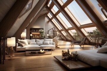 Fototapeta premium Modern attic loft interior featuring a luxurious living space with a comfortable white sofa. Wooden beams. Large skylight windows. And a warm ambiance from a fireplace and lamps