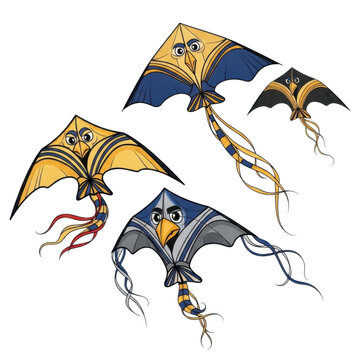 Colorful bat-shaped kites flying