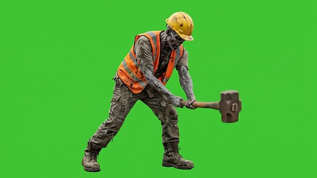 Halloween zombie construction worker swinging hammer on green screen