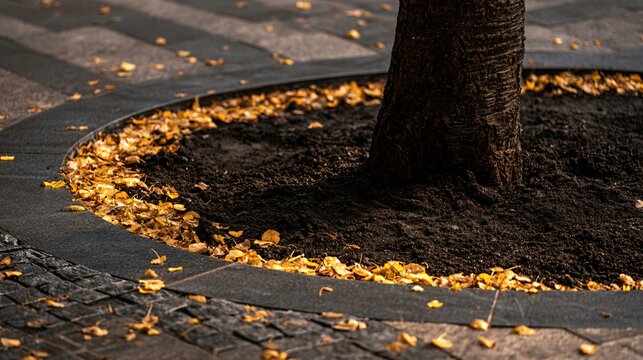A freshly cleared circular tree bed surrounded by modern paving creates a clean autumn weeding background with dark soil, exposed trunk texture, and a thin ring of golden leaves
