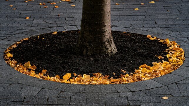 A freshly cleared circular tree bed surrounded by modern paving creates a clean autumn weeding background with dark soil, exposed trunk texture, and a thin ring of golden leaves