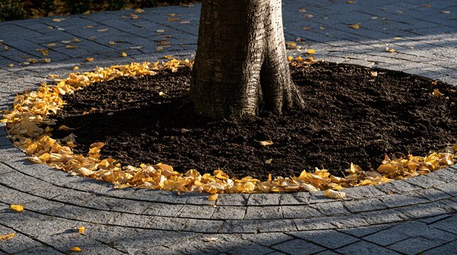 A freshly cleared circular tree bed surrounded by modern paving creates a clean autumn weeding background with dark soil, exposed trunk texture, and a thin ring of golden leaves