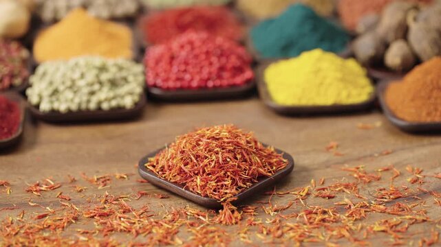 flowers safflower in a square bowl on a wooden table, surrounded by various spices and herbs.