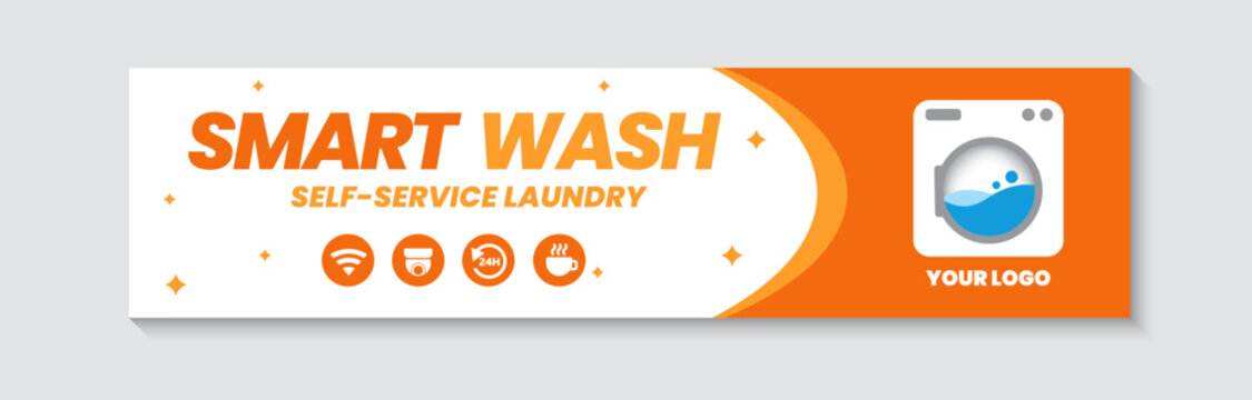 Smart wash self service laundry banner template set with orange color and service symbols.