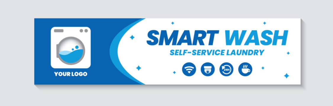 Smart wash self service laundry banner template set with blue color and service symbols.