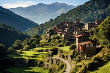Fototapeta premium Historic stone houses forming a quaint village on vibrant green agricultural terraces, creating a traditional and peaceful rural scene amidst a steep forested mountain valley