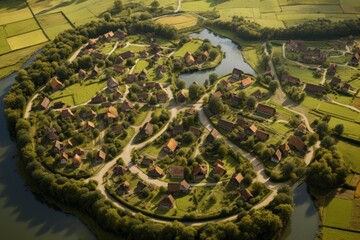 Fototapeta premium Rural village community creating a peace symbol shape on an island in a calm river, surrounded by lush green fields and winding roads, symbolizing harmony, nature, and peaceful living